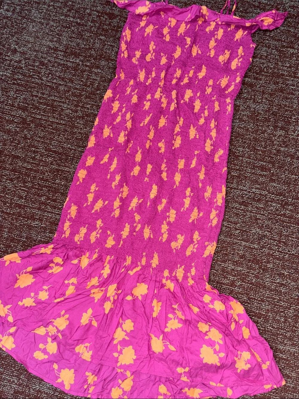 Anthropologie dress magenta smocked floral bell hem removable strap fitted med